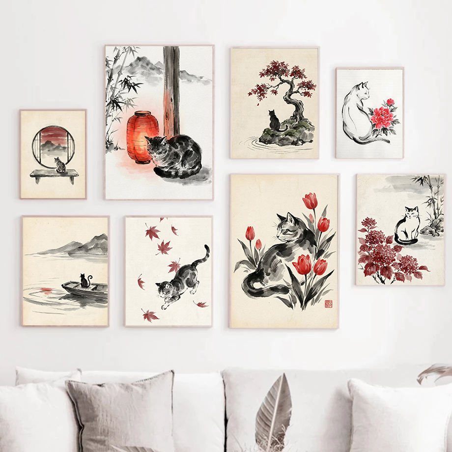 Japanese Minimalism Lifestyle - Japanese Cat Sleeping by Lantern Posters